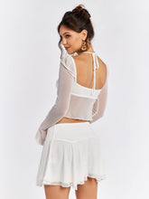 Flounce Sleeve Halter Mesh Crop Top&Flared Hem Skirt